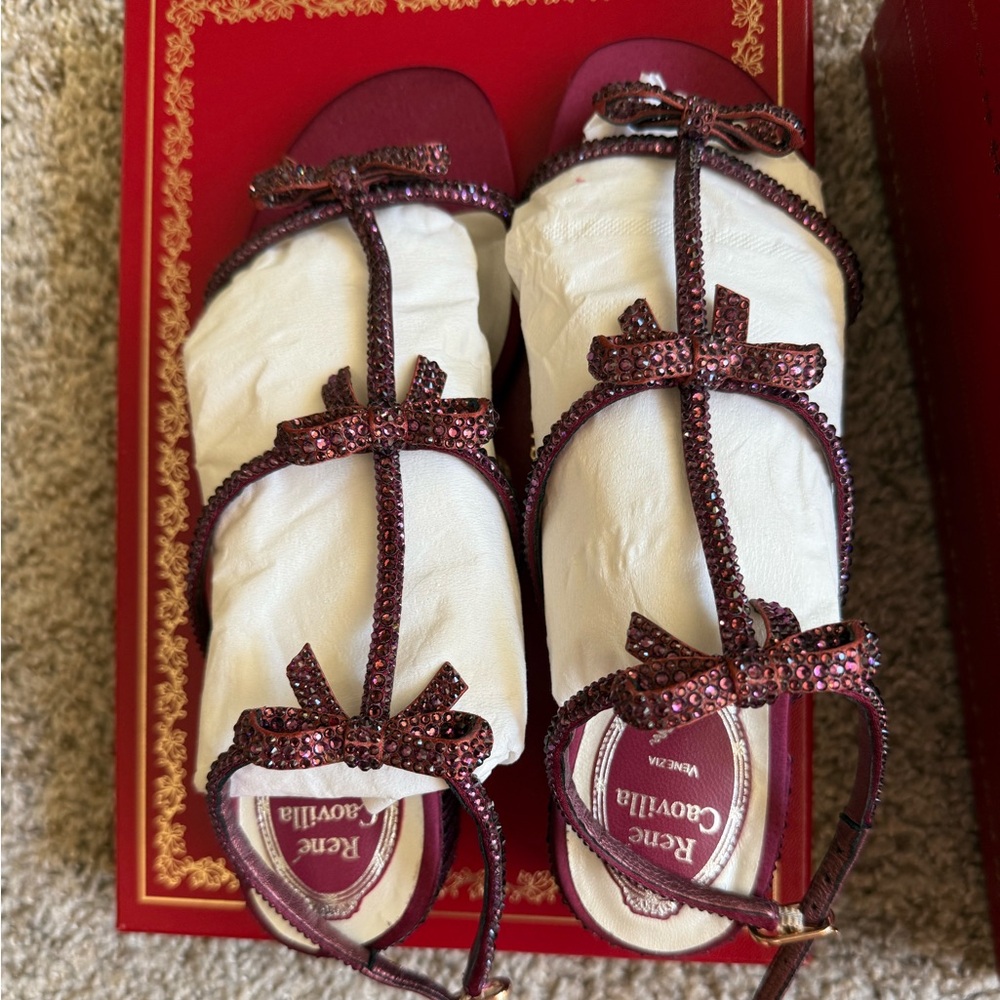 Rene Caovilla Maroon Swarovski Crystal 'Caterina' Block Heel Sandals 36 - Picture 4 of 9